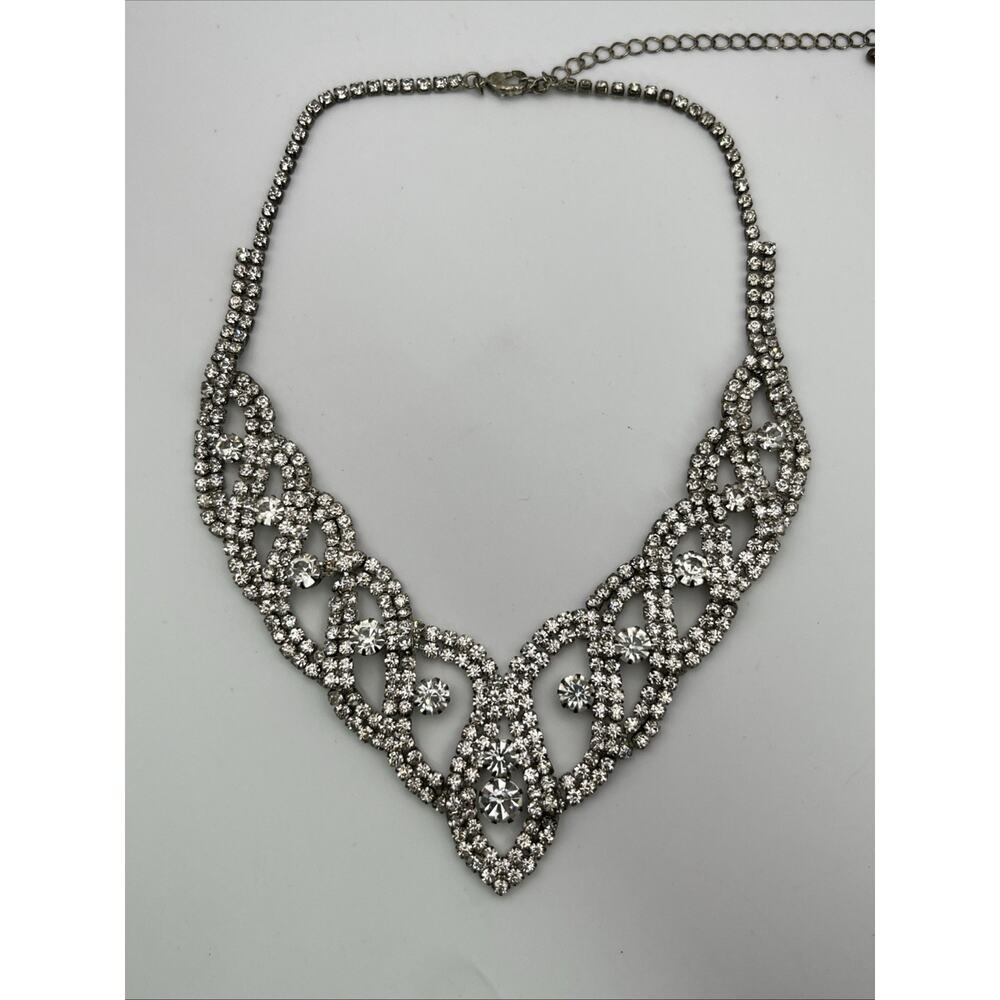 Vintage Rhinestone Wide Statement Bib Necklace Scroll Filigree Formal Evening
